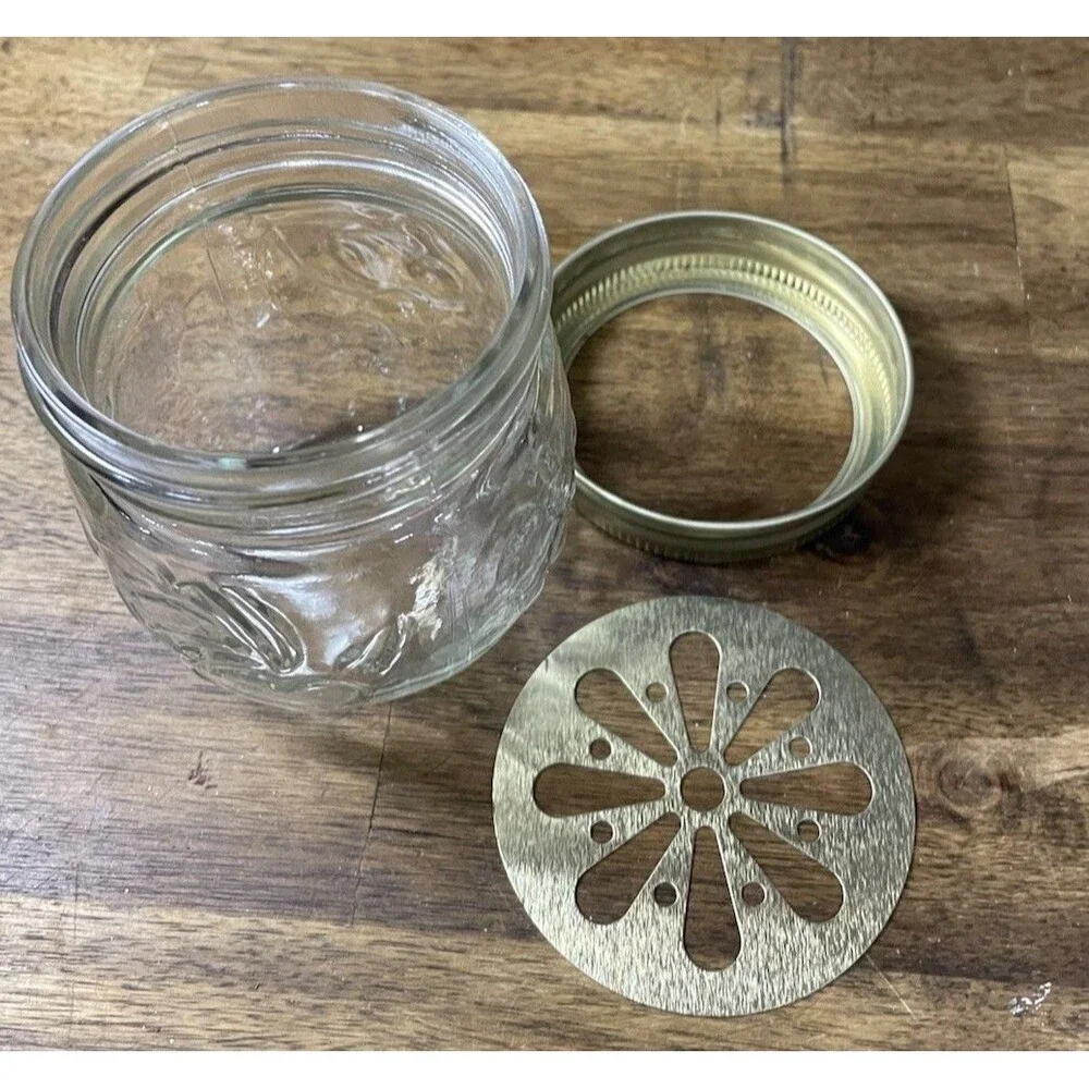 Small Mason Jar With Fruit Decor And Daisy Cut Copper Lid